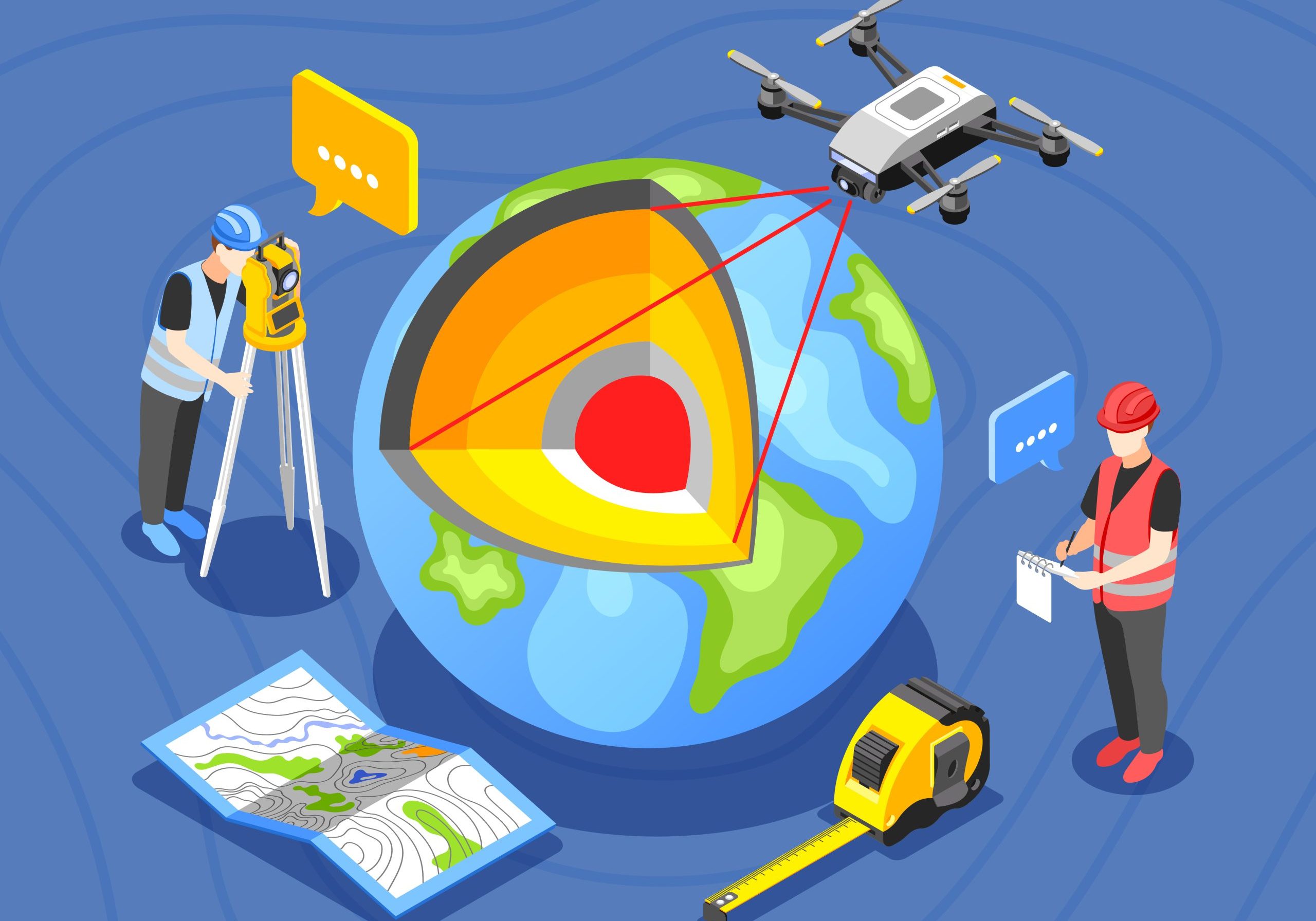 Geodesy isometric background with profile view of earth globe with map measure tape and worker characters vector illustration