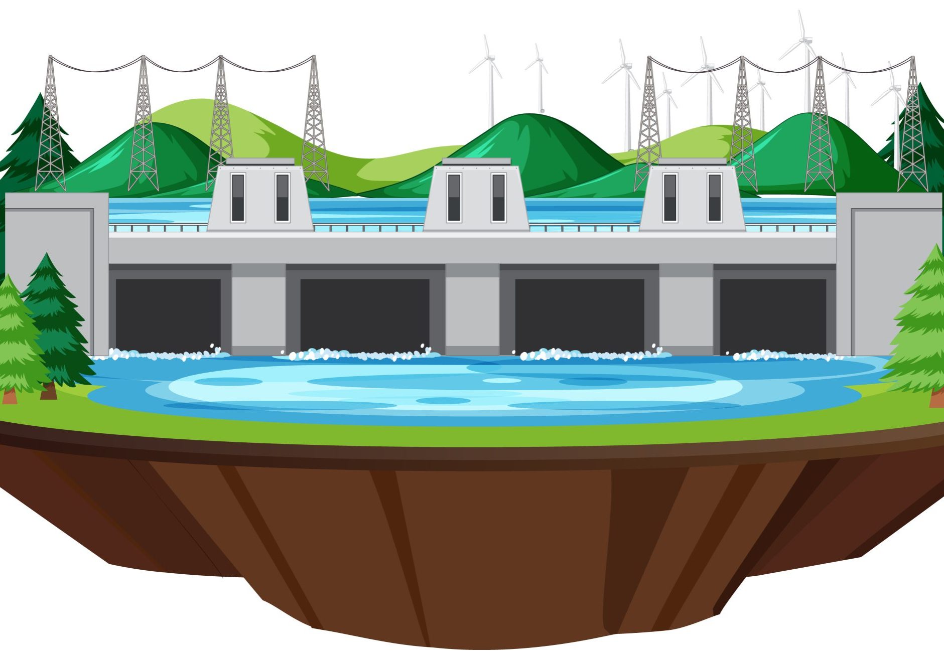 Isolated Hydro Power Plants generate electricity illustration